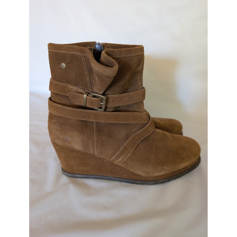 Caterpillar Cat Women 11 Brown Suede‎ Wedge Ankle Boots Buckle P307873 Strap Zip